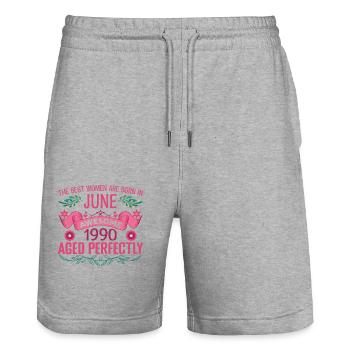 June 1990 Birthday Woman June 1990 - Stanley/Stella Trainer Unisex Organic Jogging Shorts - heather grey - Front - Nik (191cm) & Marisol (170cm)