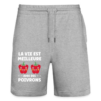Humour poivron - Short de jogging bio TRAINER Stanley/Stella unisexe - gris chiné - Devant - Nik (191cm) & Marisol (170cm)