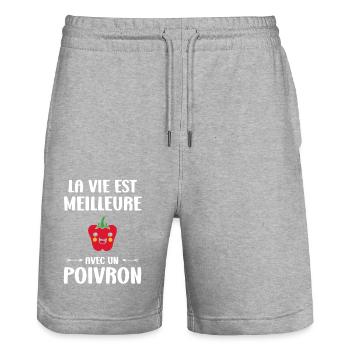 Humour poivron - Short de jogging bio TRAINER Stanley/Stella unisexe - gris chiné - Devant - Nik (191cm) & Marisol (170cm)