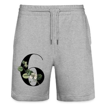 Numéro 6 floral vert -6e anniversaire floral - Short de jogging bio TRAINER Stanley/Stella unisexe - gris chiné - Devant - Nik (191cm) & Marisol (170cm)