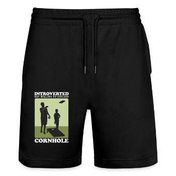 Cornhole Spieler Sackloch Bean Bag Geschenk - Stanley/Stella Unisex Bio Joggingshorts Trainer  - Schwarz - Vorne - Nik (191cm) & Marisol (170cm)