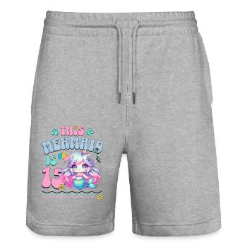 Sirène 15e anniversaire fille enfants - Short de jogging bio TRAINER Stanley/Stella unisexe - gris chiné - Devant - Nik (191cm) & Marisol (170cm)