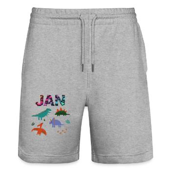 JAN - Beautiful boy name with dinosaur - Stanley/Stella Trainer Unisex Organic Jogging Shorts - heather grey - Front - Nik (191cm) & Marisol (170cm)