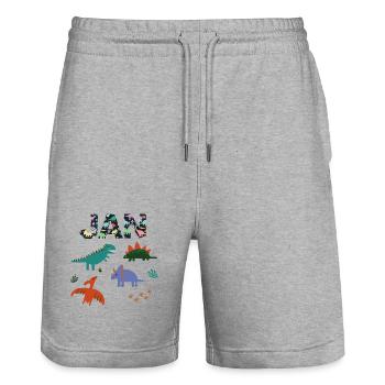JAN - Beautiful boy name with dinosaur - Stanley/Stella Trainer Unisex Organic Jogging Shorts - heather grey - Front - Nik (191cm) & Marisol (170cm)