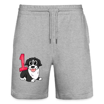 1 Jahr alt - Einschulung - Hund Motiv - Zahl 1 - Stanley/Stella Unisex Bio Joggingshorts Trainer  - Grau meliert - Vorne - Nik (191cm) & Marisol (170cm)