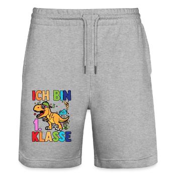 Dino Erste Klasse Schulkind Schulbeginn Einschulun - Stanley/Stella Unisex Bio Joggingshorts Trainer  - Grau meliert - Vorne - Nik (191cm) & Marisol (170cm)