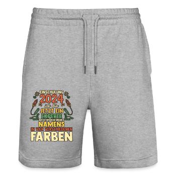Inscription de la rentrée scolaire des écoliers de 1ère année - Short de jogging bio TRAINER Stanley/Stella unisexe - gris chiné - Devant - Nik (191cm) & Marisol (170cm)