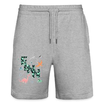 FINN - Beau prénom de garçon avec dinosaure - Short de jogging bio TRAINER Stanley/Stella unisexe - gris chiné - Devant - Nik (191cm) & Marisol (170cm)