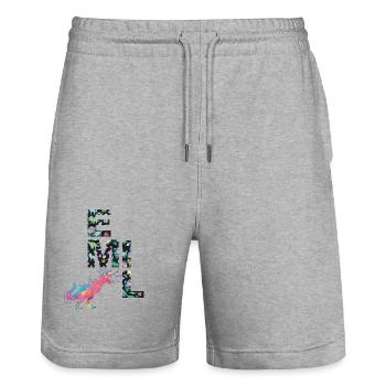 EMIL - Beau prénom de garçon avec dinosaure - Short de jogging bio TRAINER Stanley/Stella unisexe - gris chiné - Devant - Nik (191cm) & Marisol (170cm)