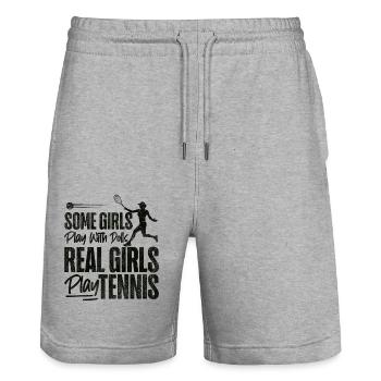 Drôle de joueur de tennis raquette fille - Short de jogging bio TRAINER Stanley/Stella unisexe - gris chiné - Devant - Nik (191cm) & Marisol (170cm)