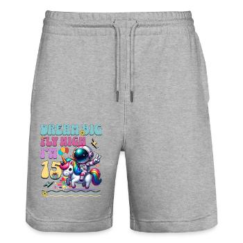 Astronaute Licorne 15e anniversaire - Short de jogging bio TRAINER Stanley/Stella unisexe - gris chiné - Devant - Nik (191cm) & Marisol (170cm)