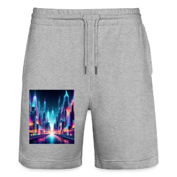 Futuristic Neon Cityscape – Vibrant Cyberpunk Art - Stanley/Stella Trainer Unisex Organic Jogging Shorts - heather grey - Front - Nik (191cm) & Marisol (170cm)