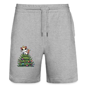 Lustige Katze Weihnachtsbaum Skurril - Stanley/Stella Unisex Bio Joggingshorts Trainer  - Grau meliert - Vorne - Nik (191cm) & Marisol (170cm)
