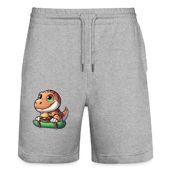 T-Rex Dinosaur Skateboard Cheeseburger Fun - Stanley/Stella Trainer Unisex Organic Jogging Shorts - heather grey - Front - Nik (191cm) & Marisol (170cm)