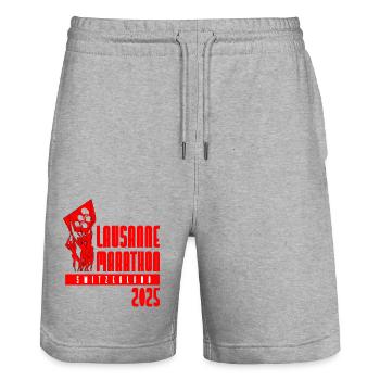 Marathon de Lausanne - 2025 - Suisse - Short de jogging bio TRAINER Stanley/Stella unisexe - gris chiné - Devant - Nik (191cm) & Marisol (170cm)