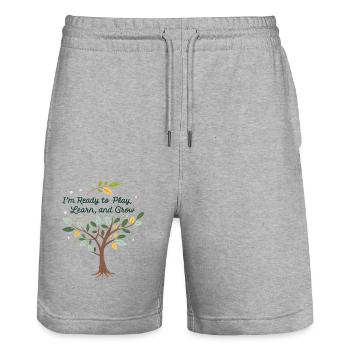 Learning and growing through play – children's motif design - Stanley/Stella Trainer Unisex Organic Jogging Shorts - heather grey - Front - Nik (191cm) & Marisol (170cm)