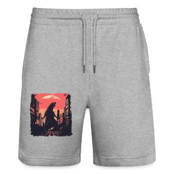 Kaiju Monster Design Coucher de soleil idée cadeau - Short de jogging bio TRAINER Stanley/Stella unisexe - gris chiné - Devant - Nik (191cm) & Marisol (170cm)