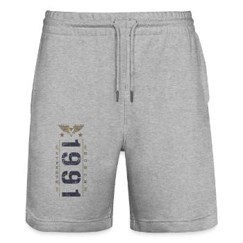 Limited Edition 1991 Birthday Strength and Honor - Stanley/Stella Trainer Unisex Organic Jogging Shorts - heather grey - Front - Nik (191cm) & Marisol (170cm)