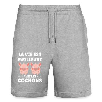 cochon - Short de jogging bio TRAINER Stanley/Stella unisexe - gris chiné - Devant - Nik (191cm) & Marisol (170cm)