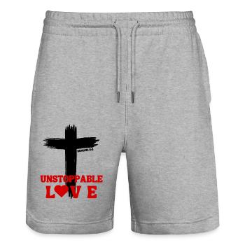 Unstoppable Love – Romans 5:8 - Stanley/Stella Trainer Unisex Organic Jogging Shorts - heather grey - Front - Nik (191cm) & Marisol (170cm)