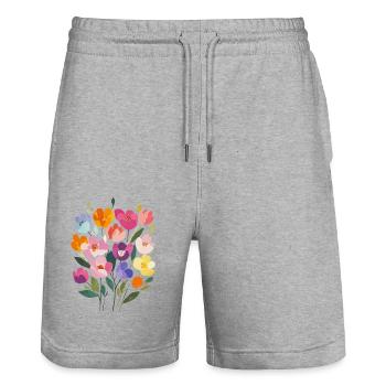 Matisse inspiriert: Farbenfroher Blumenstrauß - Stanley/Stella Unisex Bio Joggingshorts Trainer  - Grau meliert - Vorne - Nik (191cm) & Marisol (170cm)