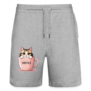 Chat de café mignon - Motivation matinale parfaite - Short de jogging bio TRAINER Stanley/Stella unisexe - gris chiné - Devant - Nik (191cm) & Marisol (170cm)