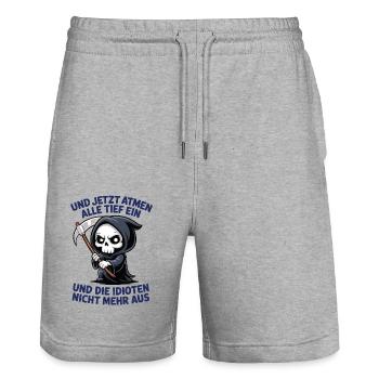 Jetzt atmen alle ein, und Idioten nicht mehr aus - Stanley/Stella Unisex Bio Joggingshorts Trainer  - Grau meliert - Vorne - Nik (191cm) & Marisol (170cm)