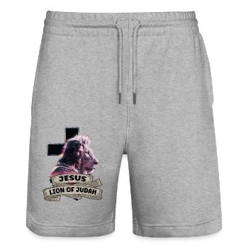 Jésus, le Lion de Judée - Lion de Juda - Short de jogging bio TRAINER Stanley/Stella unisexe - gris chiné - Devant - Nik (191cm) & Marisol (170cm)