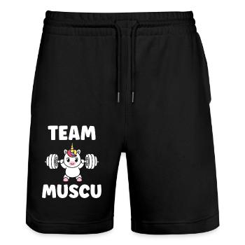 Humour musculation - Short de jogging bio TRAINER Stanley/Stella unisexe - noir - Devant - Nik (191cm) & Marisol (170cm)