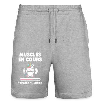 Humour musculation - Short de jogging bio TRAINER Stanley/Stella unisexe - gris chiné - Devant - Nik (191cm) & Marisol (170cm)