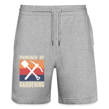 Powered by Gardening Retro Style Fan - Stanley/Stella Trainer Unisex Organic Jogging Shorts - heather grey - Front - Nik (191cm) & Marisol (170cm)