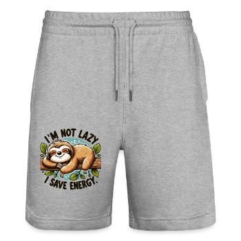 I'm Not Lazy – I Save Energy Sloth Design - Stanley/Stella Trainer Unisex Organic Jogging Shorts - heather grey - Front - Nik (191cm) & Marisol (170cm)