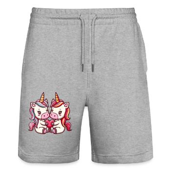Couple de licornes amoureux Animal Saint-Valentin - Short de jogging bio TRAINER Stanley/Stella unisexe - gris chiné - Devant - Nik (191cm) & Marisol (170cm)