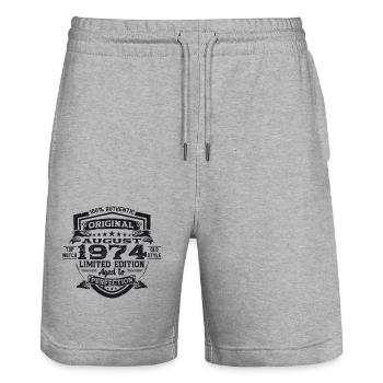 49th Birthday Man Original August Vintage 1974 - Stanley/Stella Trainer Unisex Organic Jogging Shorts - heather grey - Front - Nik (191cm) & Marisol (170cm)