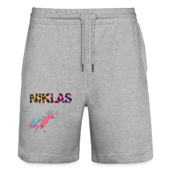 NIKLAS - Schöner Jungen Name mit Dinosaurier - Stanley/Stella Unisex Bio Joggingshorts Trainer  - Grau meliert - Vorne - Nik (191cm) & Marisol (170cm)