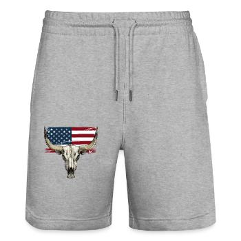 Cow and Bull Skull with USA Flag - Stanley/Stella Trainer Unisex Organic Jogging Shorts - heather grey - Front - Nik (191cm) & Marisol (170cm)