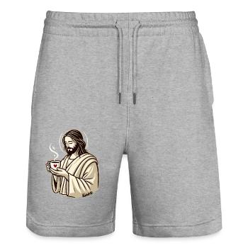 Jesus-Typ liebt Kaffee - Stanley/Stella Unisex Bio Joggingshorts Trainer  - Grau meliert - Vorne - Nik (191cm) & Marisol (170cm)