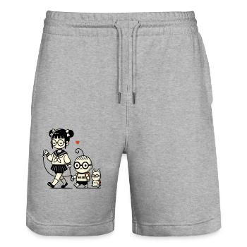 écolière japonaise, petit frèreavec chien - Short de jogging bio TRAINER Stanley/Stella unisexe - gris chiné - Devant - Nik (191cm) & Marisol (170cm)