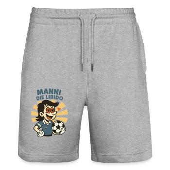 Manni schaut verliebt und hält einen Fußball - Stanley/Stella Unisex Bio Joggingshorts Trainer  - Grau meliert - Vorne - Nik (191cm) & Marisol (170cm)