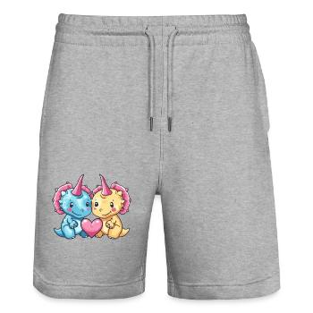 Couple de tricératops dinosaures amoureux de la Saint-Valentin - Short de jogging bio TRAINER Stanley/Stella unisexe - gris chiné - Devant - Nik (191cm) & Marisol (170cm)