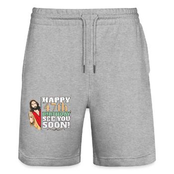 Happy 47th Birthday See You Soon Funny Jesus Meme - Stanley/Stella Trainer Unisex Organic Jogging Shorts - heather grey - Front - Nik (191cm) & Marisol (170cm)