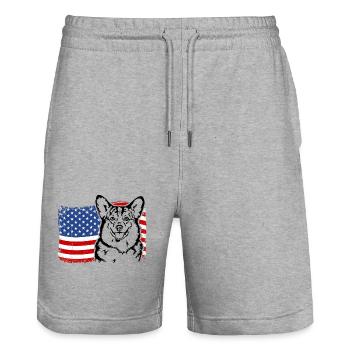 Corgi US Amerika Fahne Hunde Hund Wilsigns - Stanley/Stella Unisex Bio Joggingshorts Trainer  - Grau meliert - Vorne - Nik (191cm) & Marisol (170cm)