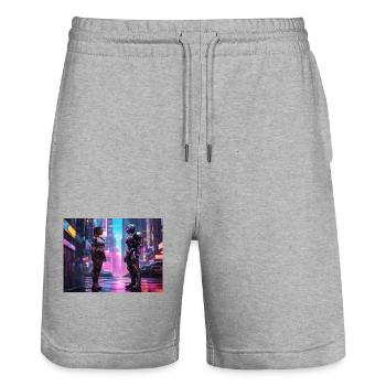Neon Cyberpunk Begegnung - Stanley/Stella Unisex Bio Joggingshorts Trainer  - Grau meliert - Vorne - Nik (191cm) & Marisol (170cm)