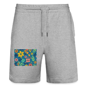 Motif floral de style rétro sur fond bleu foncé - Short de jogging bio TRAINER Stanley/Stella unisexe - gris chiné - Devant - Nik (191cm) & Marisol (170cm)