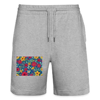 Blumiges Muster mit Rot und Gelb auf Blau - Stanley/Stella Unisex Bio Joggingshorts Trainer  - Grau meliert - Vorne - Nik (191cm) & Marisol (170cm)