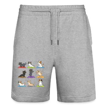 Motifs de jolis chats de yoga sur des tapis colorés - Short de jogging bio TRAINER Stanley/Stella unisexe - gris chiné - Devant - Nik (191cm) & Marisol (170cm)