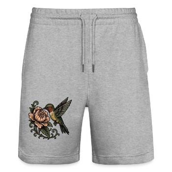 Kolibri mit Rose Vintage Tattoo - Stanley/Stella Unisex Bio Joggingshorts Trainer  - Grau meliert - Vorne - Nik (191cm) & Marisol (170cm)