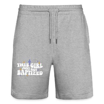 Cette jeune fille vient d’être baptisée religieuse chrétienne - Short de jogging bio TRAINER Stanley/Stella unisexe - gris chiné - Devant - Nik (191cm) & Marisol (170cm)