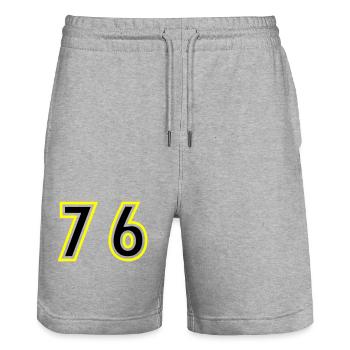 76 Number College - Stanley/Stella Trainer Unisex Organic Jogging Shorts - heather grey - Front - Nik (191cm) & Marisol (170cm)