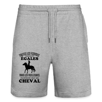 Humour femme sur cheval 2 - Short de jogging bio TRAINER Stanley/Stella unisexe - gris chiné - Devant - Nik (191cm) & Marisol (170cm)